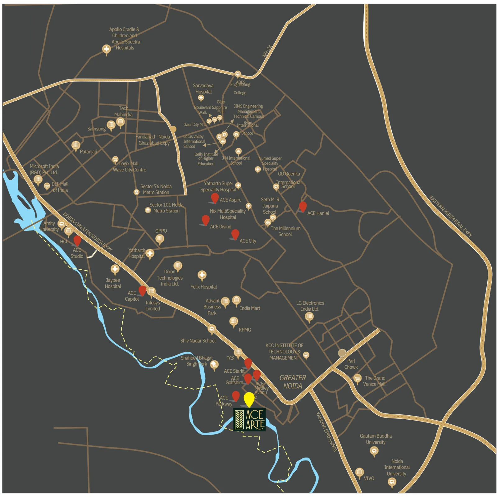 Location map of ACE Arte, Sector 150 Noida